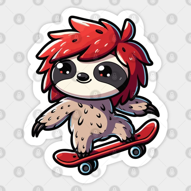 Skateboarding Sloth Manga Style Design - Cool Shaggy Hair Sticker by Yesteeyear
